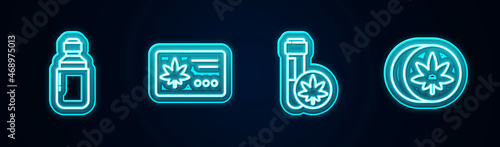 Set line Marijuana or cannabis olive oil, Calendar and marijuana leaf, Chemical test tube with and Herbal ecstasy tablets. Glowing neon icon. Vector
