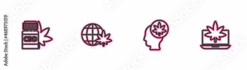 Set line Medical bottle with marijuana, Head or cannabis, Legalize globe and Laptop and icon. Vector