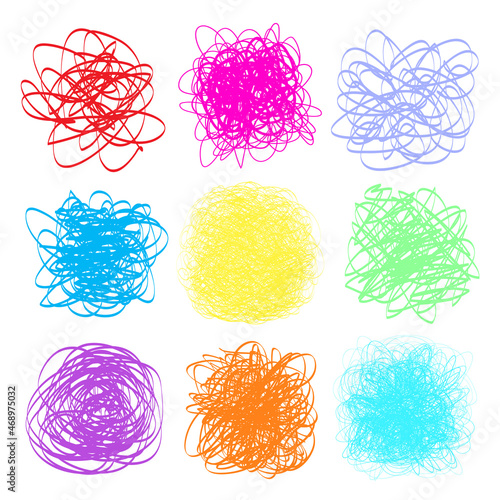 Colored tangled patterns on white. Chaotic stripes. Backgrounds with lines and waves. Universal chaos textures. Art creation. Print for polygraphy, posters, t-shirts and textiles. Doodles for design photo