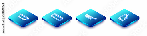 Set Isometric line Plastic basin, Sponge with bubbles, Brush for cleaning and Fabric softener icon. Vector