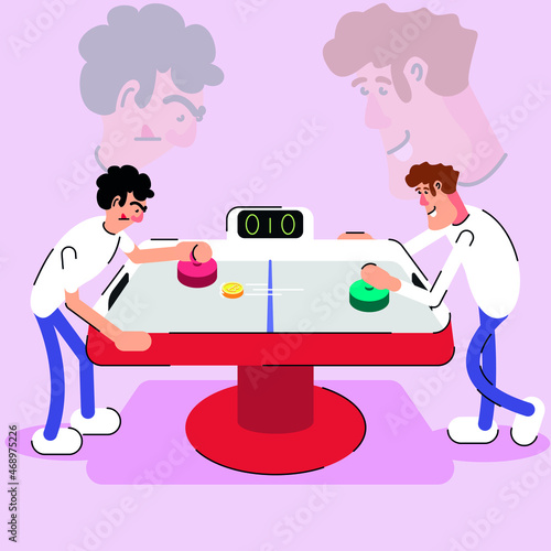 Two cartoon young men play air hockey, instead of a puck, they have a bitcoin coin. Cryptocurrency. Vector illustration for animation.