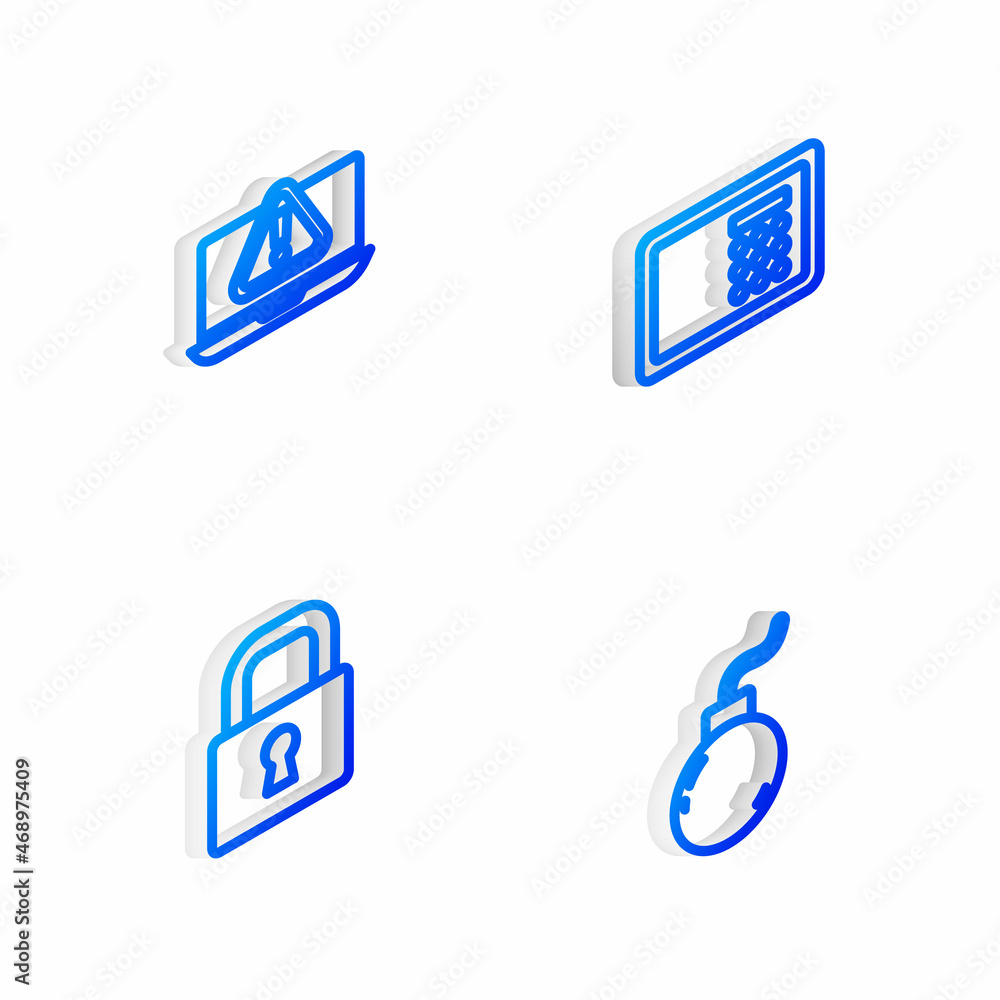 Set Isometric line Safe, Laptop with exclamation mark, Lock and Bomb ready explode icon. Vector Set Isometric line Safe, Laptop with exclamation mark, Lock and Bomb ready explode icon. Vector