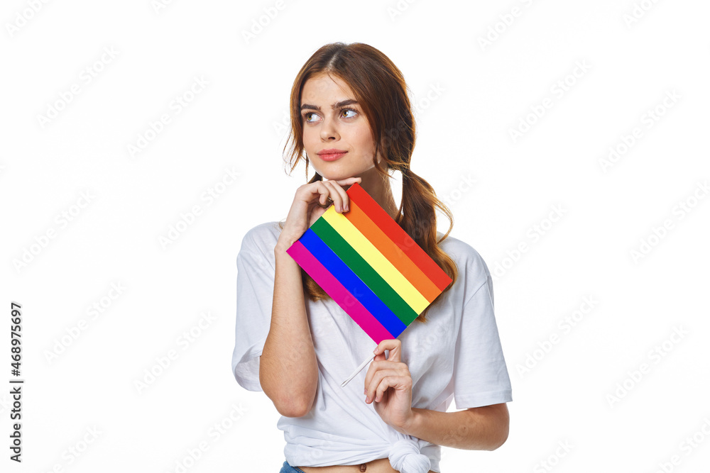 woman with lgbt flag transgender community light background woman with lgbt flag transgender community light background