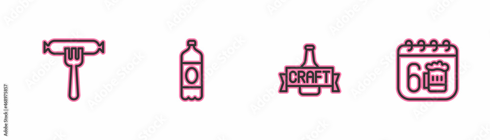 Set line Sausage on the fork, Beer bottle, Plastic beer and Saint Patricks day calendar icon. Vector Set line Sausage on the fork, Beer bottle, Plastic beer and Saint Patricks day calendar icon. Vector