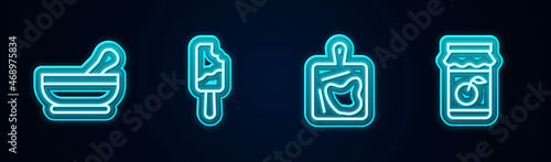 Set line Mortar and pestle, Ice cream, Cutting board and Jam jar. Glowing neon icon. Vector