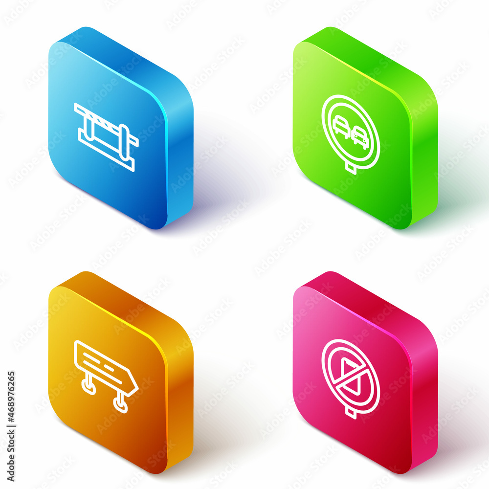 Set Isometric line Parking car barrier, No overtaking road traffic, Road sign and cell phone icon. Vector Set Isometric line Parking car barrier, No overtaking road traffic, Road sign and cell phone icon. Vector