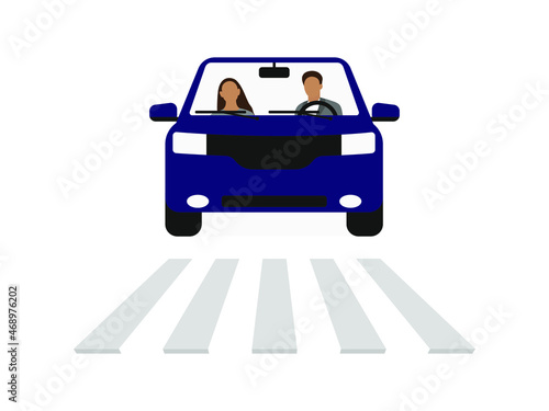 Male character (driver) and female character (passenger) in a car in front of a pedestrian crossing on a white background