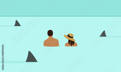 Male character and female character in the water surrounded by sharks