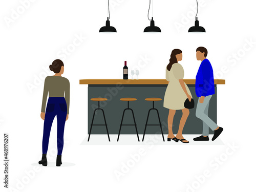 A male character and a female character in elegant clothes are standing at a bar table while another female character is looking at them from afar on a white background