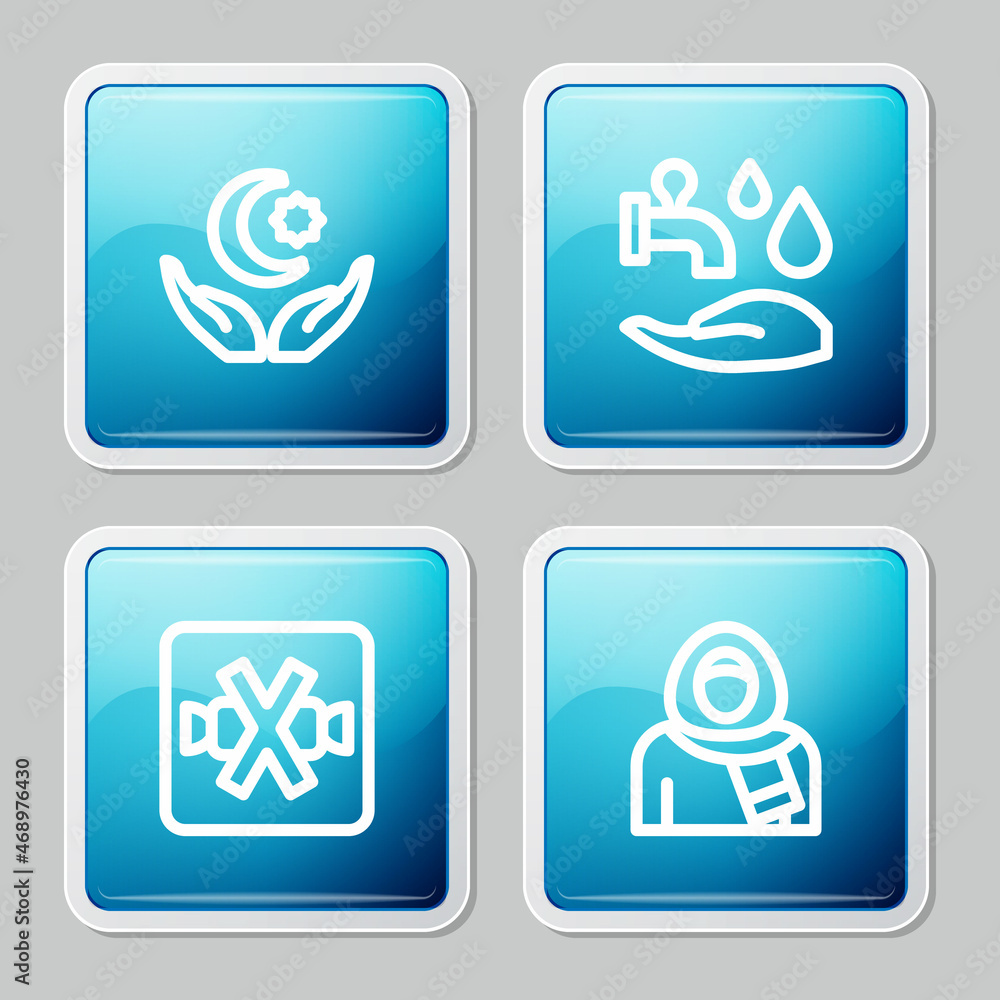 Set line Star and crescent, Wudhu, No sweets and Muslim woman in hijab icon. Vector Set line Star and crescent, Wudhu, No sweets and Muslim woman in hijab icon. Vector