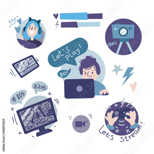Streamer video games flat vector illustration.  Concept colorful set of bloggers, gamers, joystick, camera, monitor, headphones, tablet isolated on white. Collection for graphic design and stickers.