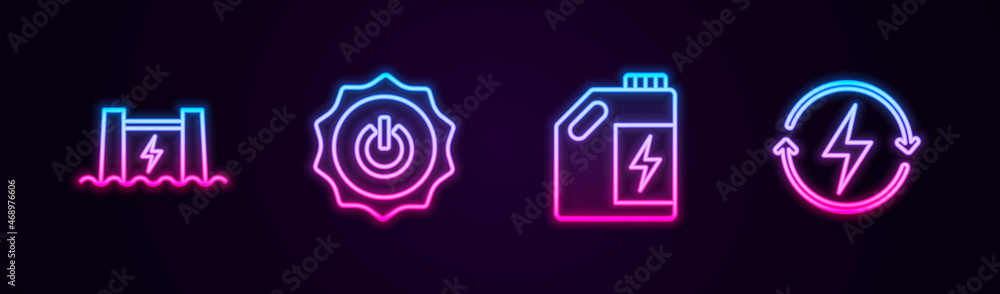 Set line Hydroelectric dam, Power button, Eco fuel canister and Recharging. Glowing neon icon. Vector Set line Hydroelectric dam, Power button, Eco fuel canister and Recharging. Glowing neon icon. Vector