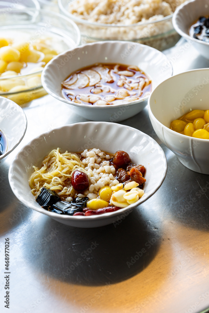 Assorted Chinese Dessert with Sweet Egg Noodles Assorted Chinese Dessert with Sweet Egg Noodles