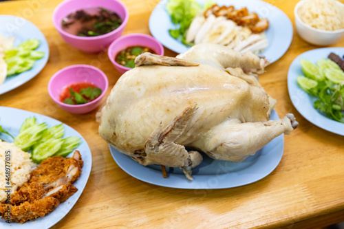 Whole boiled chicken prepared, Steam Chicken (Hainan Chicken)