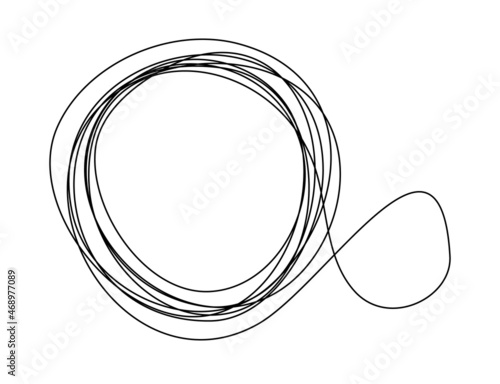 Tangle tangled thread. Doodle illustration of chaotic thread in a circle, scribble line. Yarn, twine in the ball. Hand drawn vector illustration.