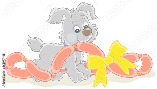 Little playful puppy glutton and tasty gift sausages decorated with a bow for its first birthday, vector cartoon illustration isolated on a white background