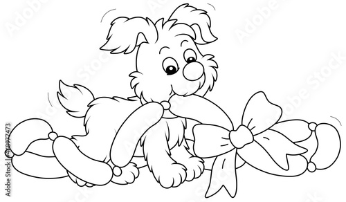 Little playful puppy glutton and tasty gift sausages decorated with a bow for its first birthday, black and white outline vector cartoon illustration for a coloring book page