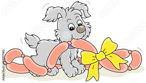 Little playful puppy glutton and tasty gift sausages decorated with a bow for its first birthday, vector cartoon illustration isolated on a white background