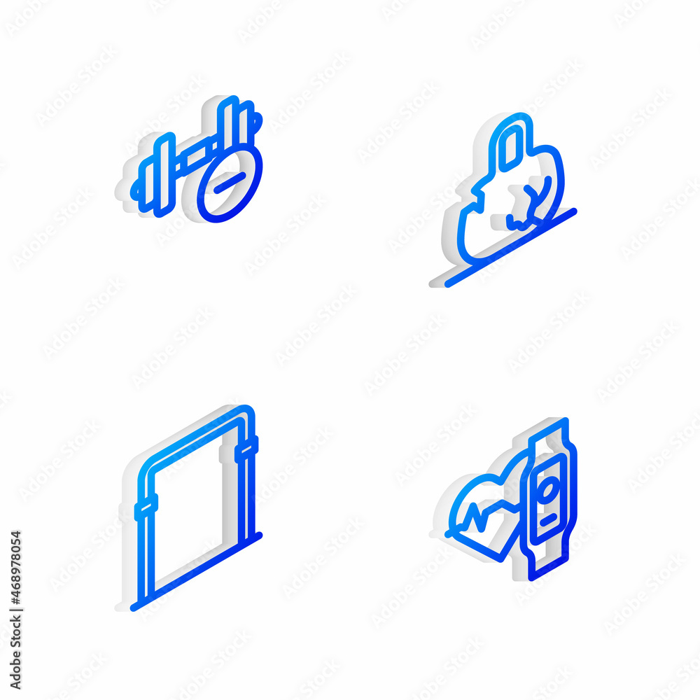 Set Isometric line Broken weight, Dumbbell, Sport horizontal bar and Smart watch with heart icon. Vector Set Isometric line Broken weight, Dumbbell, Sport horizontal bar and Smart watch with heart icon. Vector