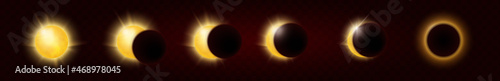 Total and partial solar eclipse in full cycle, realistic sun glow and sunshine ring in different stages scientific poster background. Solar eclipse in different phases infographic