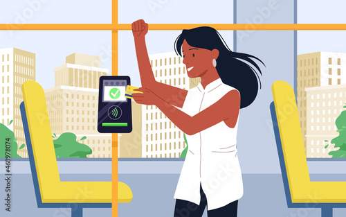 Contactless payment service for ticket vector illustration. Cartoon female passenger holding credit card, woman paying in public transport. Safe cashless payment, digital system technology concept