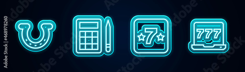 Set line Horseshoe, Bingo card, Casino slot machine and Laptop and. Glowing neon icon. Vector