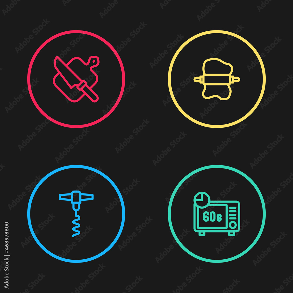 Set line Wine corkscrew, Microwave oven, Rolling pin on dough and Cutting board and knife icon. Vector Set line Wine corkscrew, Microwave oven, Rolling pin on dough and Cutting board and knife icon. Vector