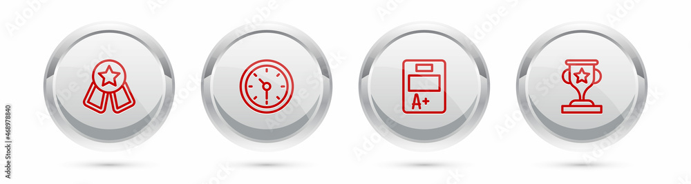 Set line Medal with star, Clock, Exam sheet A plus grade and Award cup. Silver circle button. Vector