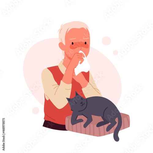 Boy with cat allergy vector illustration. Cartoon unhealthy child holding handkerchief, sick kid suffering from sneeze, cough and fever, allergic symptoms to kitty fur allergen isolated on white