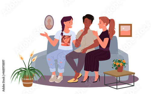 Help and support from friends to unhappy girl vector illustration. Cartoon young women talking, helping best friend with problems, sitting on couch at home together. Female friendship concept