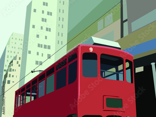 
illustration depicting an old tram on a city street for interior decoration, banners and advertising of travel companies