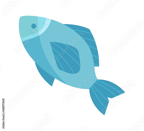 Simple blue fish. Graphic elements for seafood. Nature, ocean, sea. Stylish images for printing on fabric. Healthy meat, food for cats. Badge, sticker, icon. Cartoon flat vector illustration