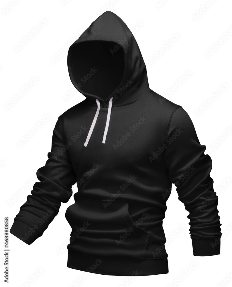 Black hoodie mockup. Hoodie sweatshirt raised long sleeve with clipping path, isolated on white background. Hoody template design for print. Half turn.