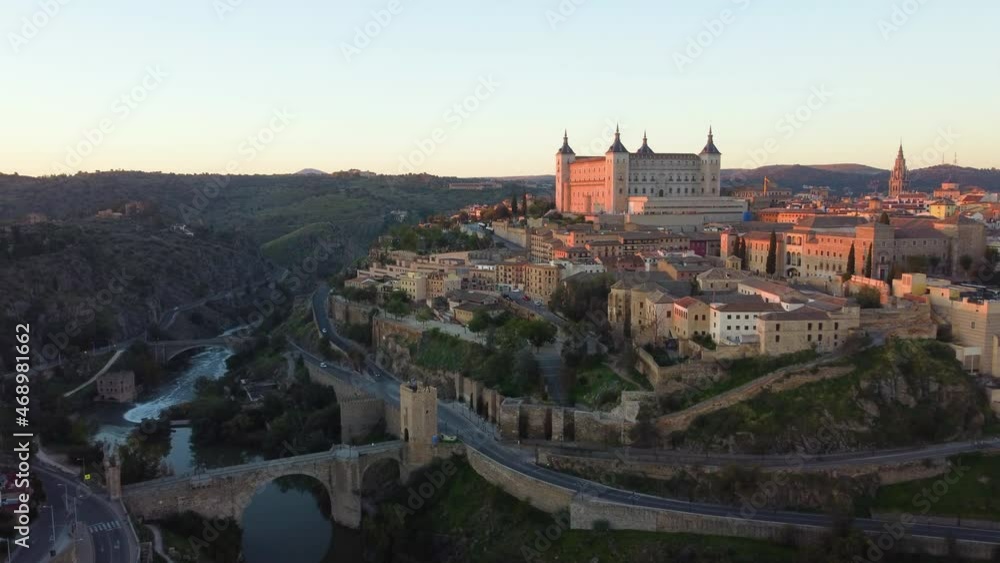 Aerial view of the majestic fortress of the XVI century of the Castilia kings in Toledo, Spain, UHD, 4K Aerial view of the majestic fortress of the XVI century of the Castilia kings in Toledo, Spain, UHD, 4K