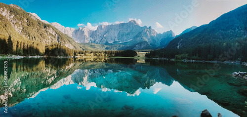 beauty of nature looking at mountains in europe. Adventure travel in Slovenia. background with forest and Alps. Freedom lifestyle