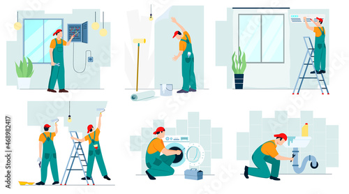 Set of professional repair service worker in green unifom make renovation in house. Repairman fix electricity, water pipe, washing machine, conditioner, glue wallpaper, paint wall. Vector illustration