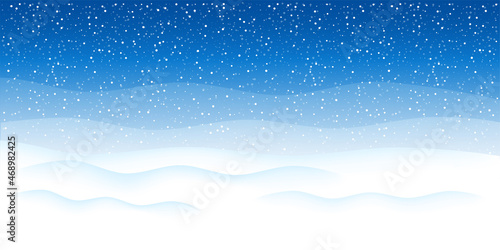 Winter snowy background. Evening landscape with dark blue sky, snowfall and snow drifts in the foreground. Backdrop for Christmas and New Year card, banner, etc. Vector illustration.