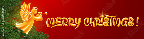 Merry Christmas and Happy New Year greeting banner template. Golden Angel with wings, nimbus and trumpet among fir tree branches, golden raised lettering on red background. Vector illustration.