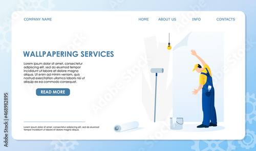 Professional wallpapering service worker in blue overall glue wallpaper on wall in room of house, apartment. Bucket of glue, roll of wallpaper, roller on floor. Vector illustration