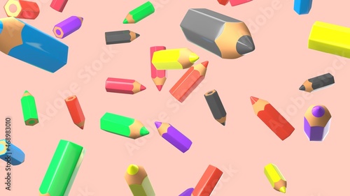Colored pencils on pale pink background. 3D illustration for background. 