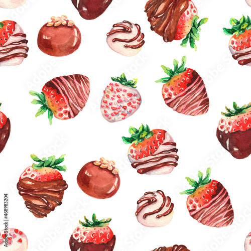 Fototapeta Naklejka Na Ścianę i Meble -  Chocolate-covered strawberries Seamless pattern. Watercolor illustration. Sweets.Love. Romantic illustration.Background. Design for textile, fabric, wrapping papper, cards, shops, bakery, stationery