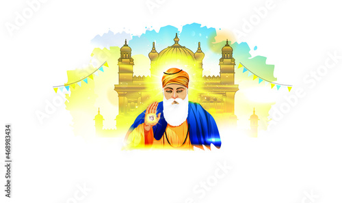 Lord Guru Nanak dev for Indian festival Gurpurab prakash parv celebration and Jayanti with decorated golden temple vector illustration