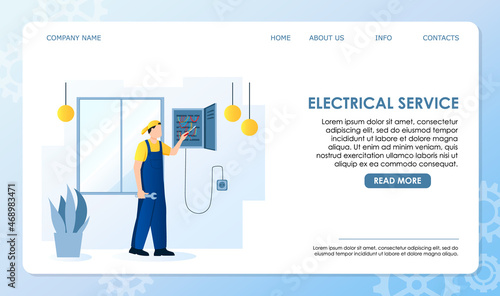 Professional worker of electrical service in blue overall with wrench, screwdriver repair elctricity indoor of house, apartment. Electrical outlet, cord on wall. Vector illustration