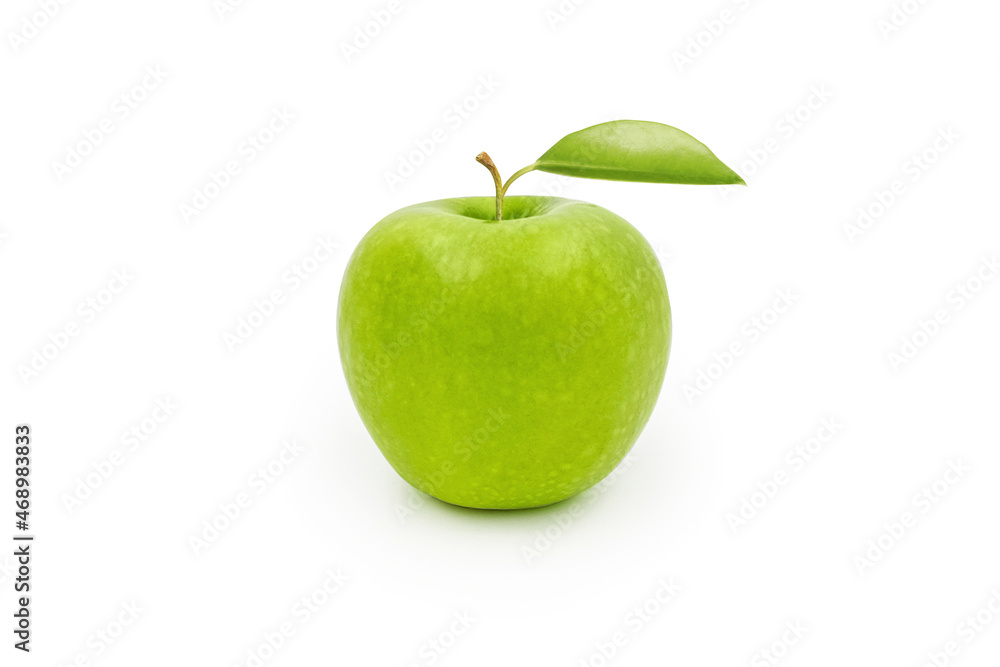 Green apple with leaves isolated on white background Green apple with leaves isolated on white background