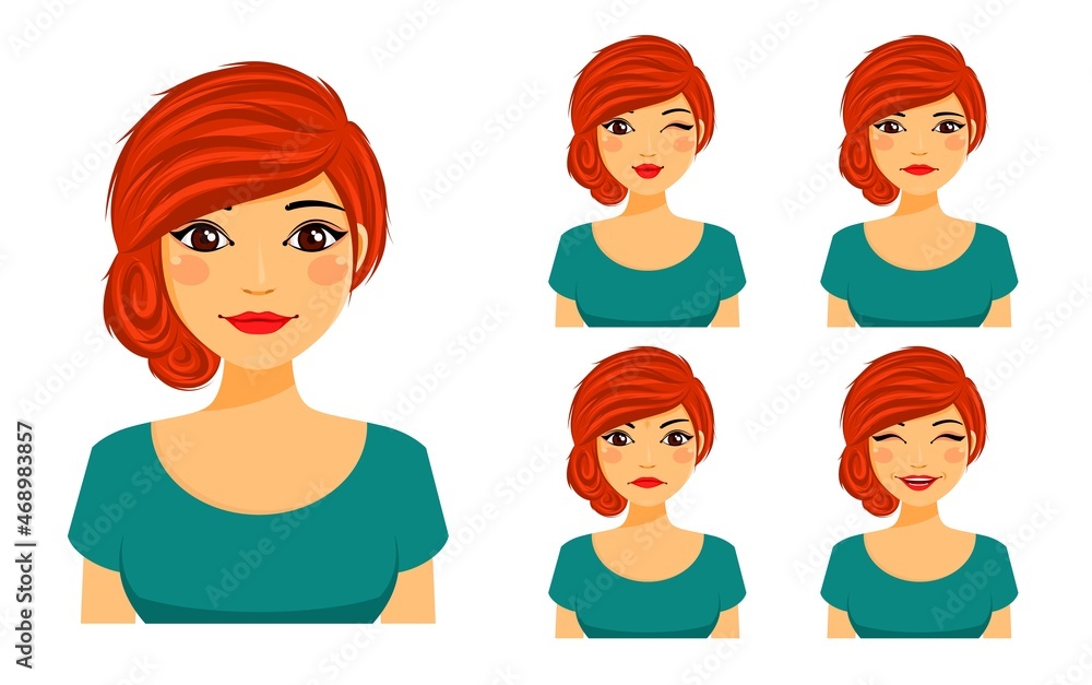 A set of young beautiful women with different emotions. Flirting, kissing, angry, funny, unhappy. Flat style on white background. Cartoon A set of young beautiful women with different emotions. Flirting, kissing, angry, funny, unhappy. Flat style on white background. Cartoon
