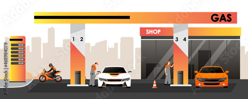 Gas station with white white, orange cars and sport motorcycle with biker. Two workers in grey uniforms refuel auto tank. Roadside shop, price display, city shadow on background. Vector illustration