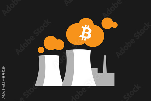 Cryptomining - industrial factory, plant and power house for mining and production of crypto currency and Bitcoin. Vector illustration.