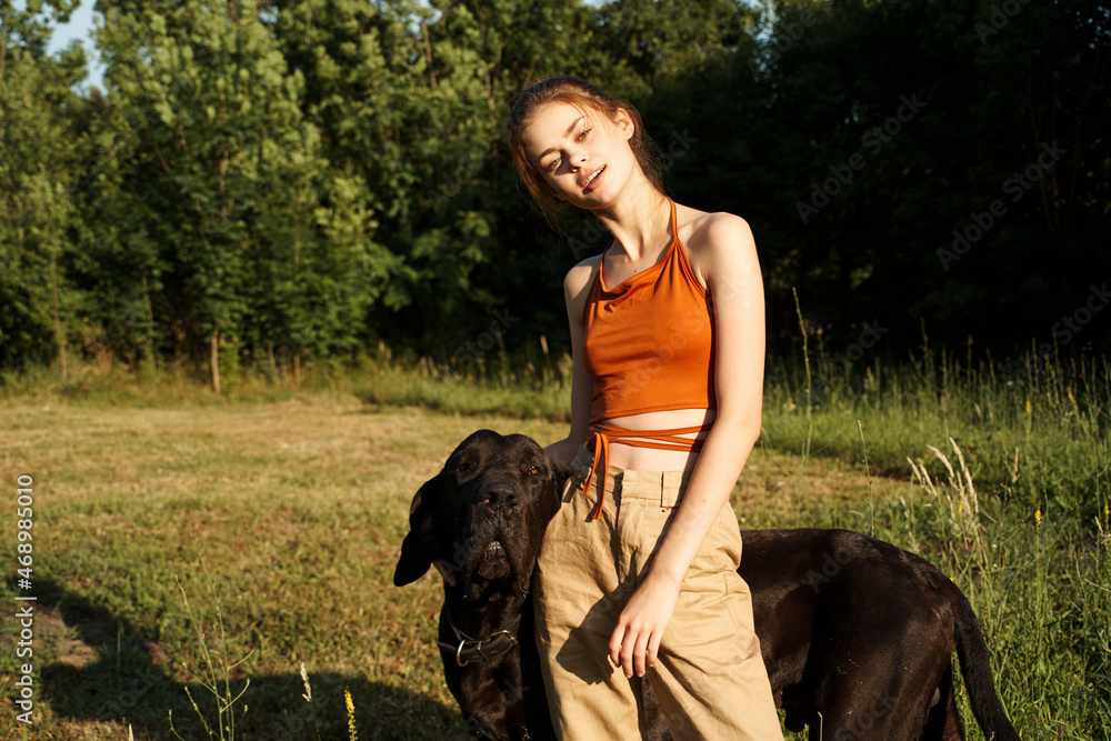 Cheerful Woman and a dog in the nature games Friendship Cheerful Woman and a dog in the nature games Friendship