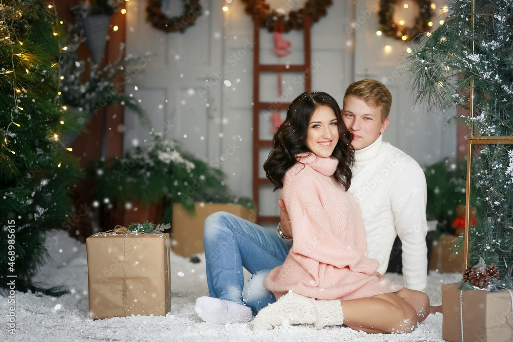 Married couple in love a man and a young woman pregnant on new year's eve near the Christmas tree