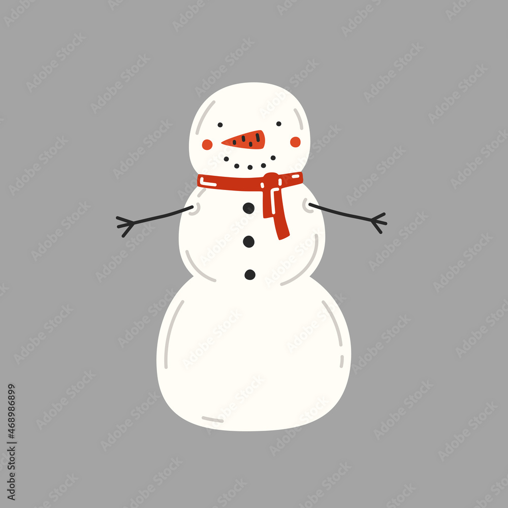 Snowman in red scarf on a grey background. Vector illustration